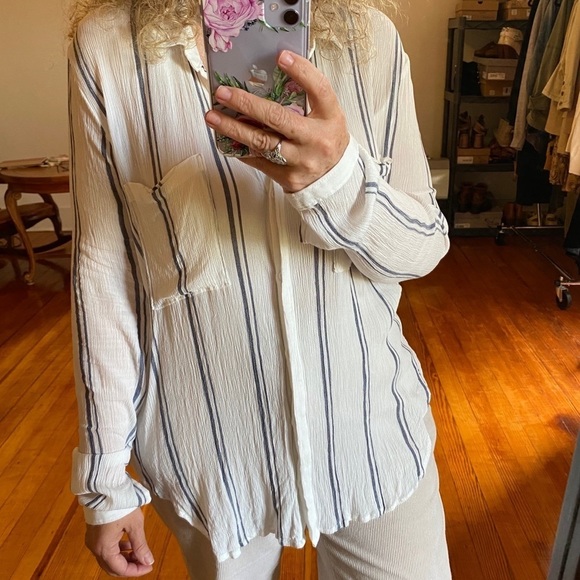 Cloth & Stone White Gauze Blue Striped Tunic Top - Picture 4 of 8